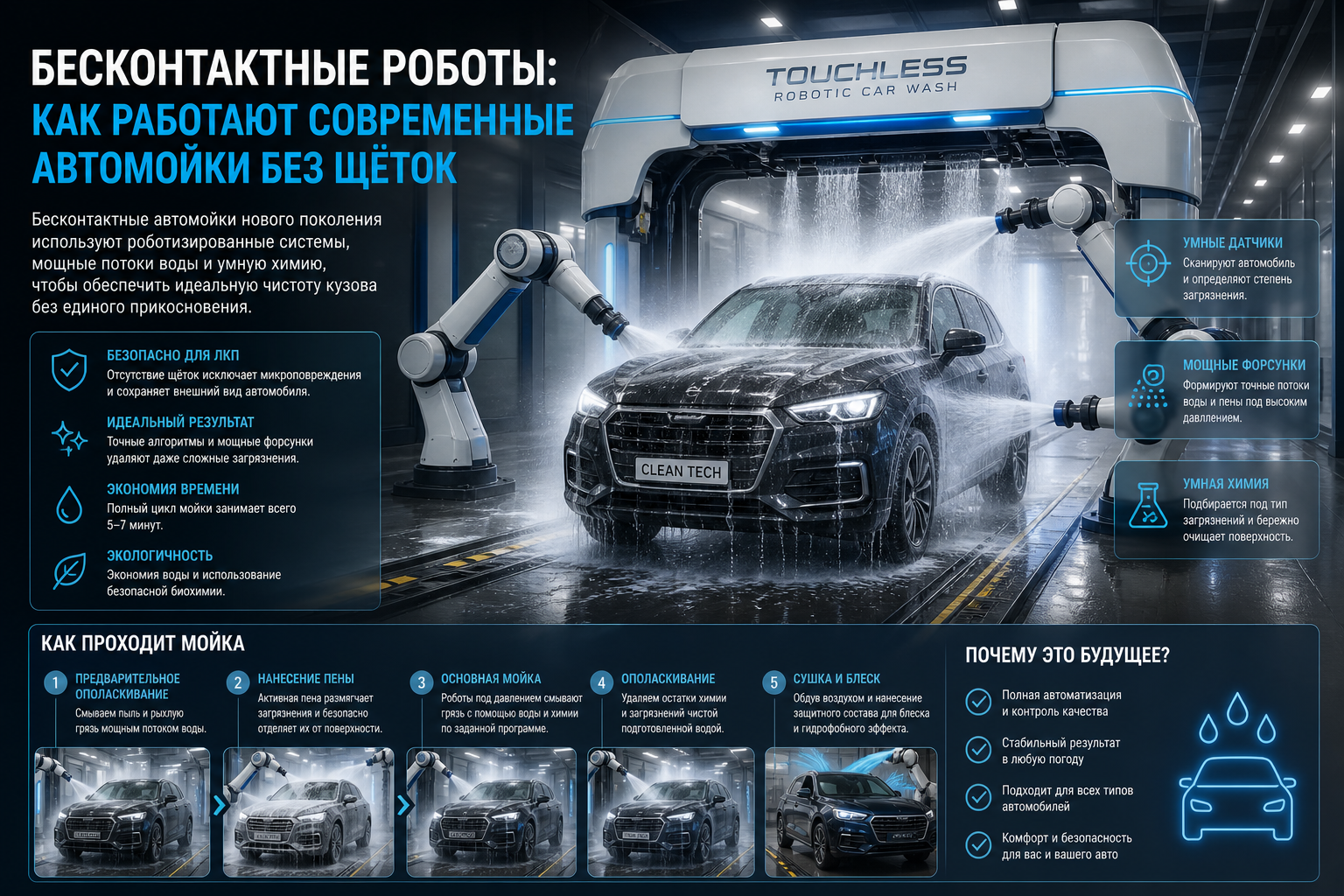 Бесконтактные роботы: как работают современные автомойки без щёток