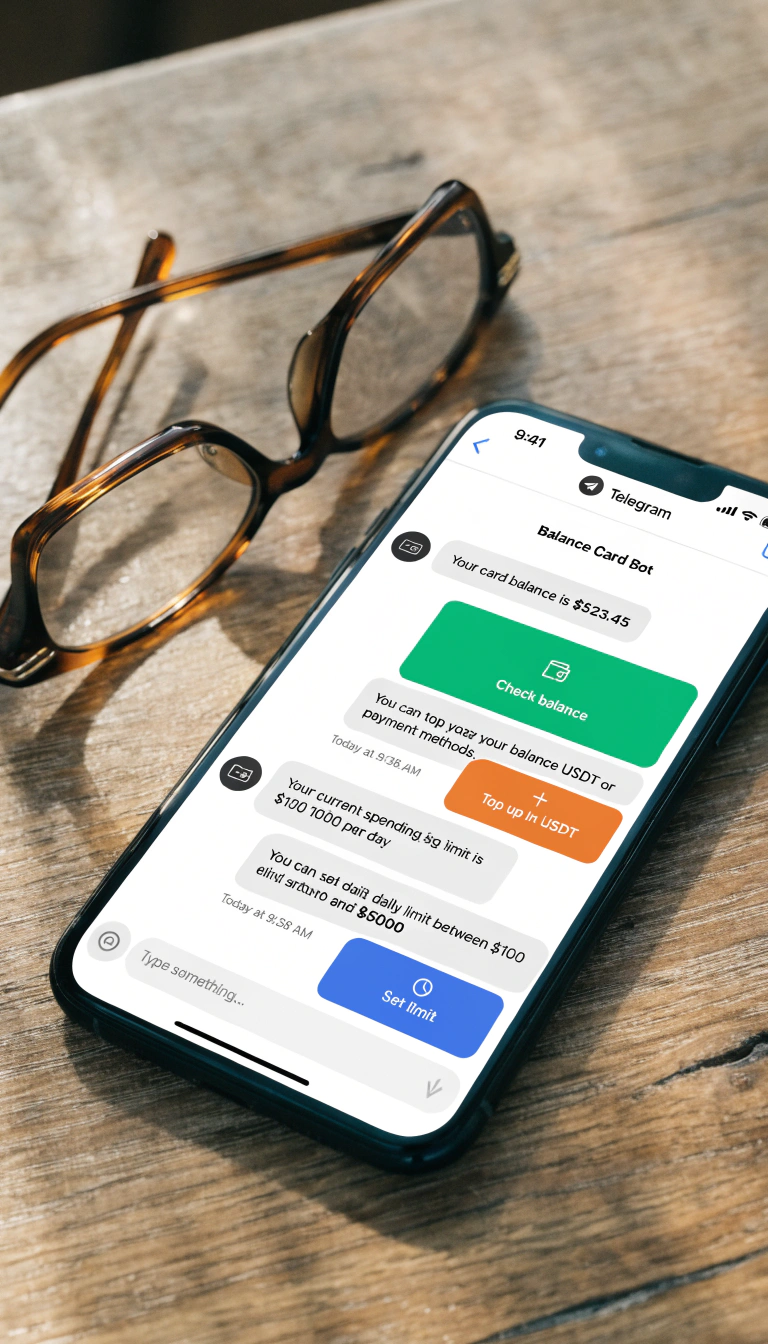 Интерфейс управления балансом и лимитами криптокарты через интерактивный Telegram бот